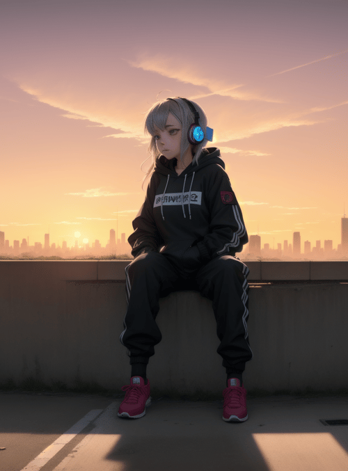 girl, cityscape, headphones