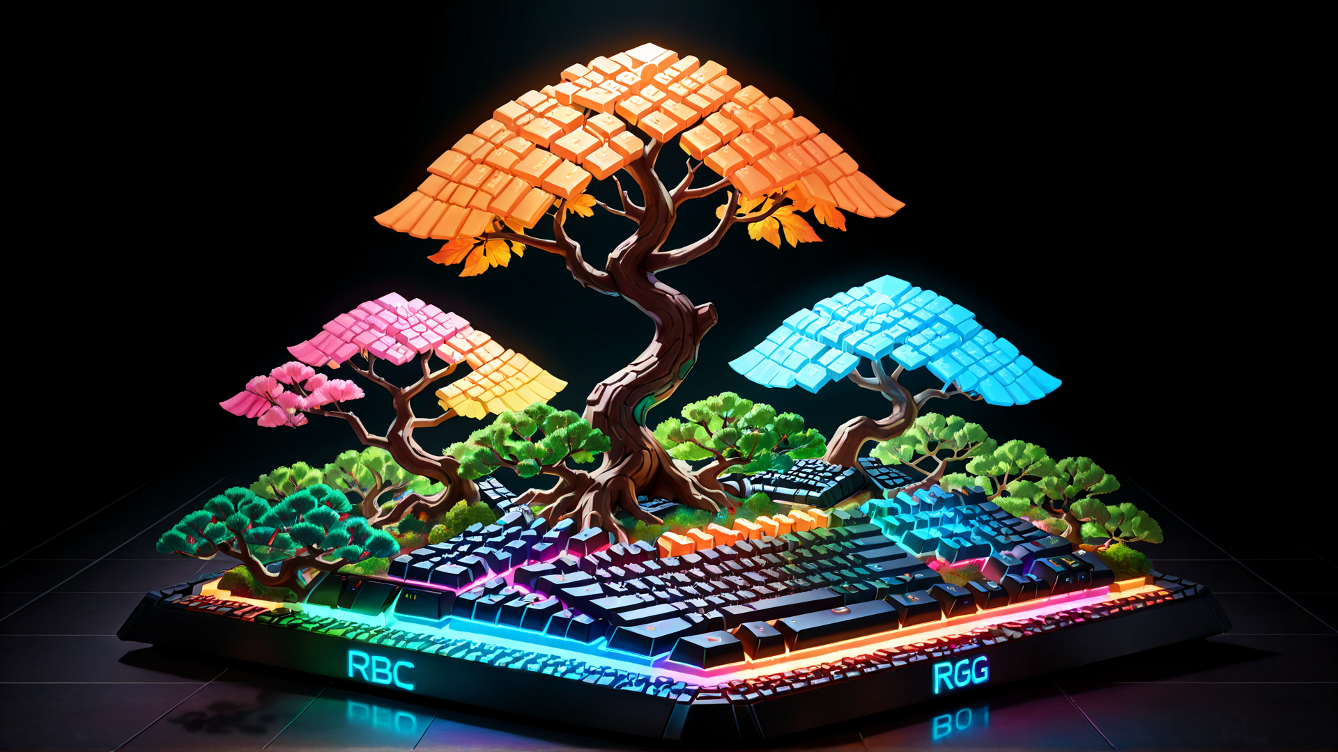 AI generated wallpaper featuring keyboard, tree, gaming, nature, art, lighting, keycaps, landscape