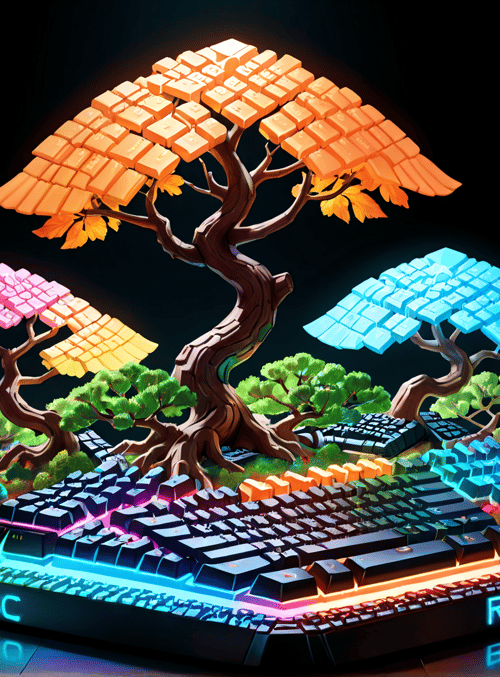 keyboard, tree, gaming, nature, art, lighting, keycaps, landscape