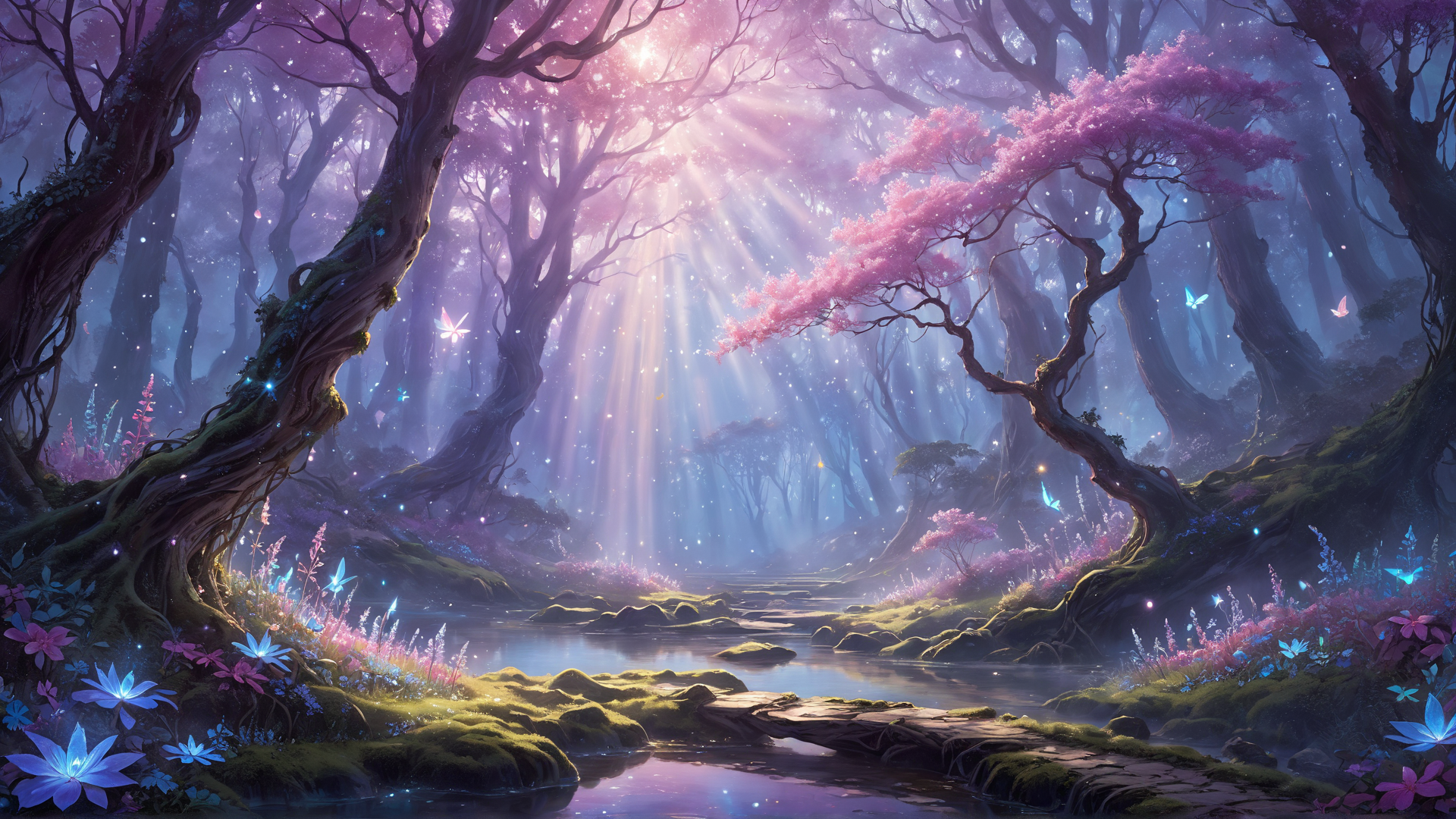 AI generated wallpaper featuring trees, butterflies, flowers, river, sunlight, moss, forest, sakura, fairy, light