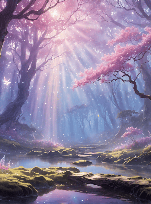 trees, butterflies, flowers, river, sunlight, moss, forest, sakura, fairy, light