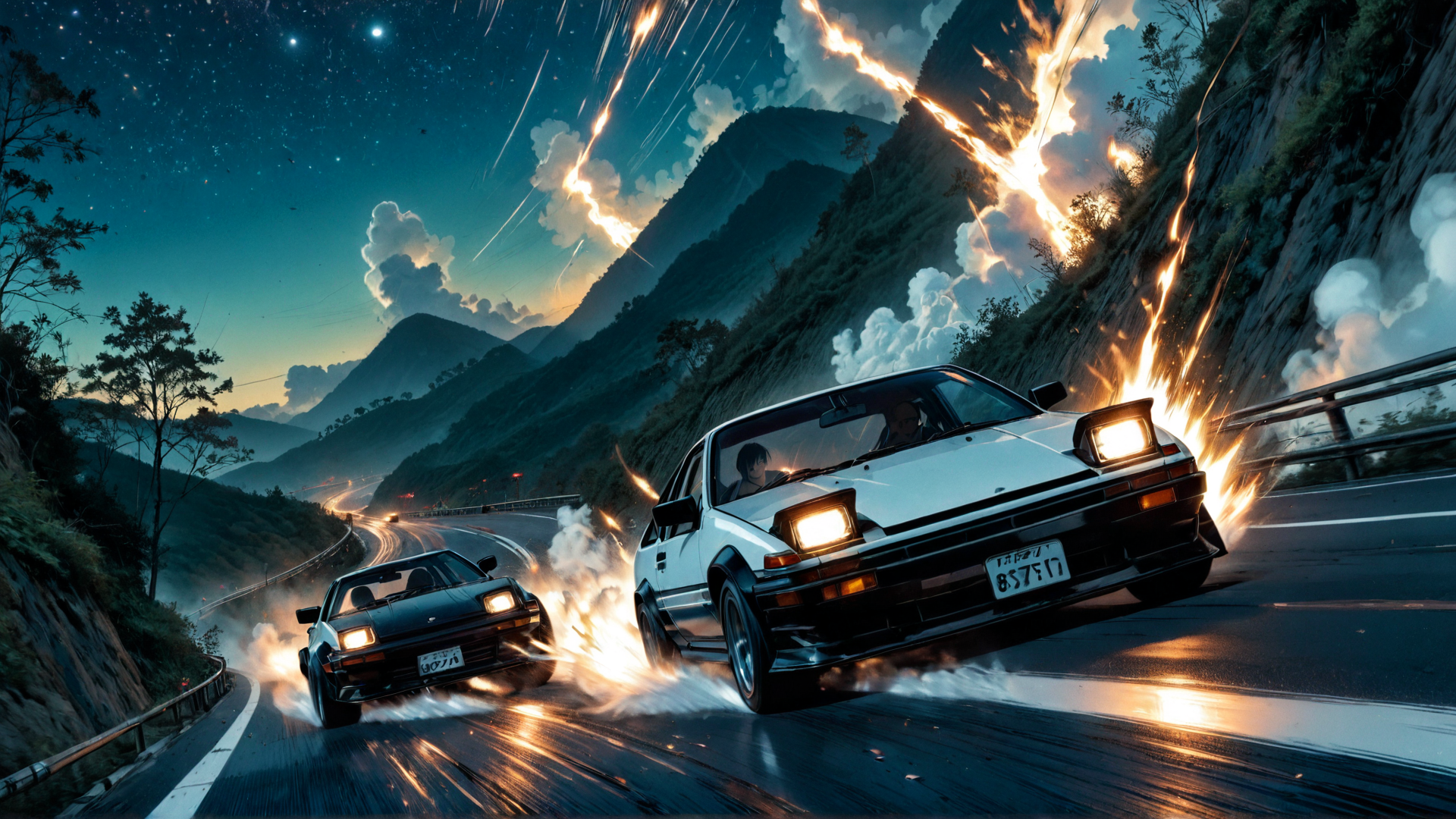 AI generated wallpaper featuring cars, mountains, road, fire, smoke, stars, trees, sky, license plate, racing
