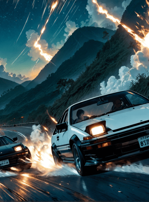 cars, mountains, road, fire, smoke, stars, trees, sky, license plate, racing