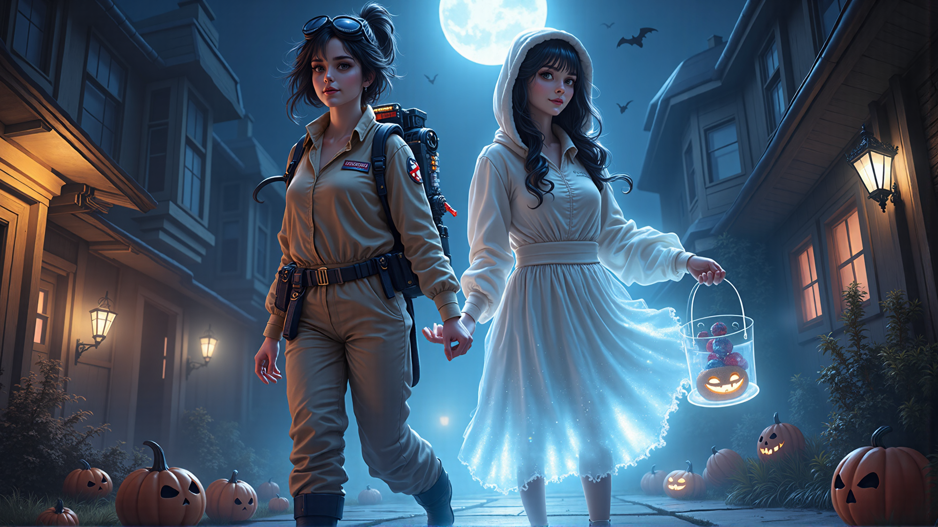 AI generated wallpaper featuring girls, pumpkins, moon, hoodie, overalls, lantern, house, bats, goggles, backpack