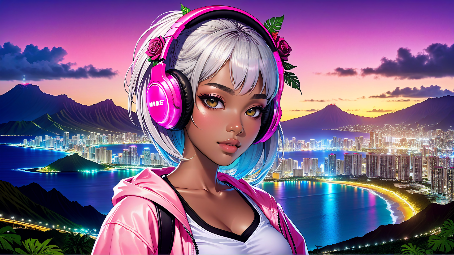 AI generated wallpaper featuring girl, headphones, cityscape, ocean, mountains