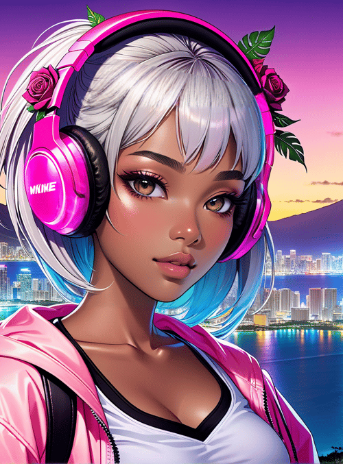 girl, headphones, cityscape, ocean, mountains