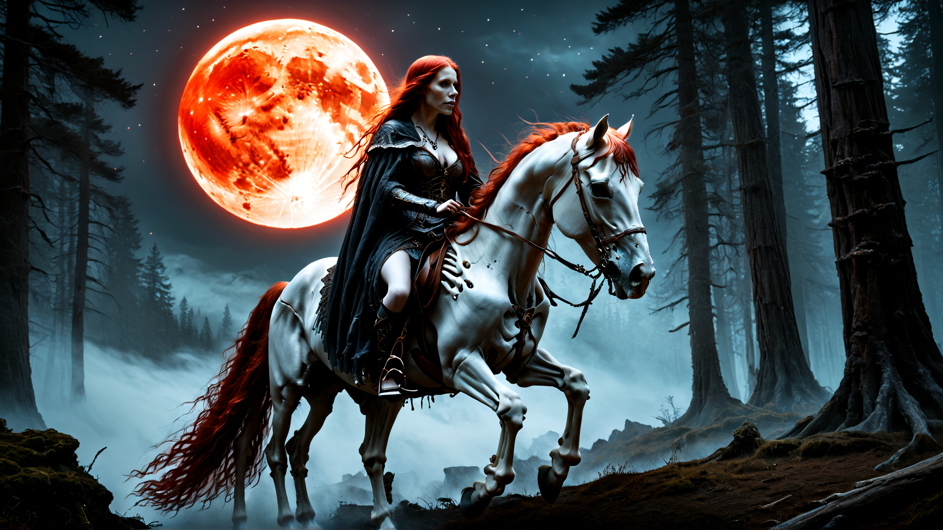 AI generated wallpaper featuring woman, horse, forest, moon, tree