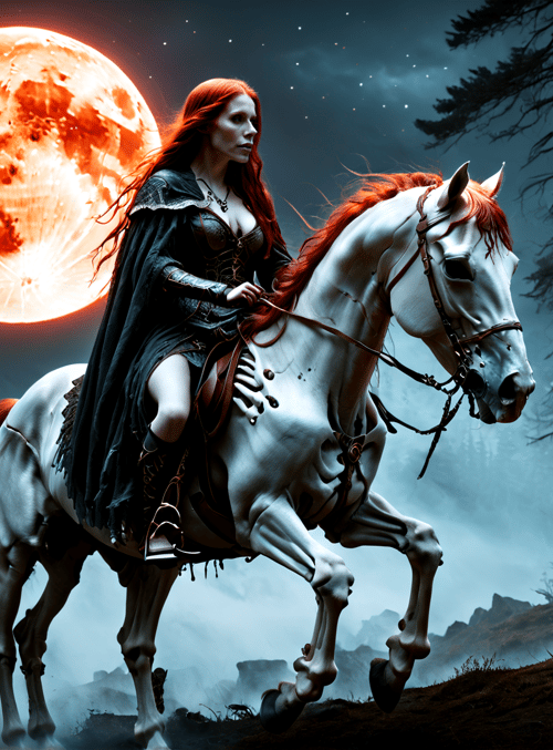 woman, horse, forest, moon, tree