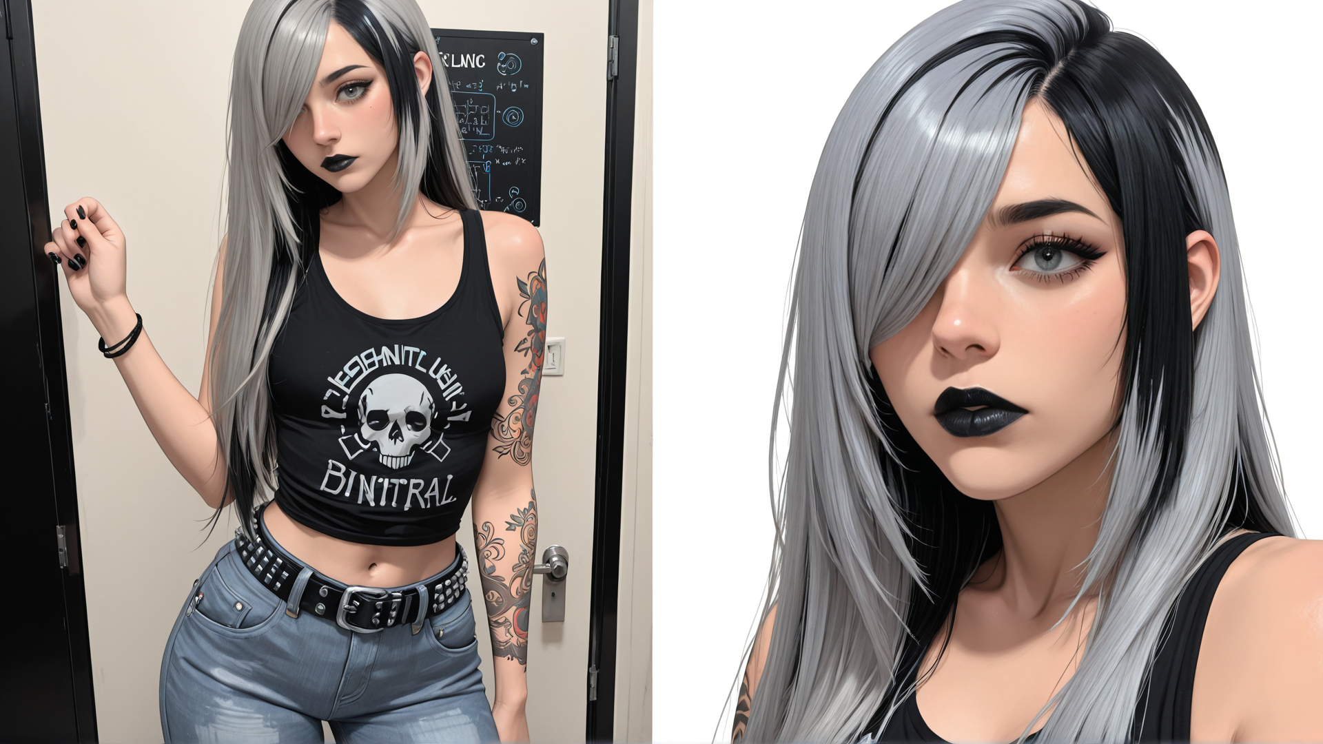 AI generated wallpaper featuring woman, girl, tattoo, skull, jeans, belt, hair, blacktop, gloves, nail
