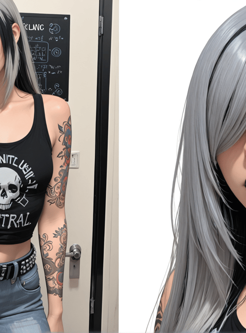 woman, girl, tattoo, skull, jeans, belt, hair, blacktop, gloves, nail