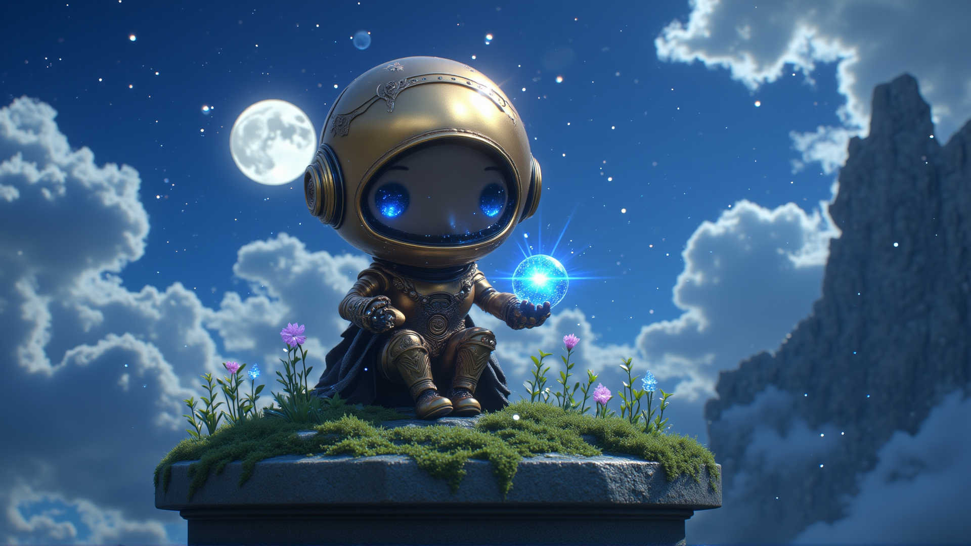 AI generated wallpaper featuring robot, moon, crystal