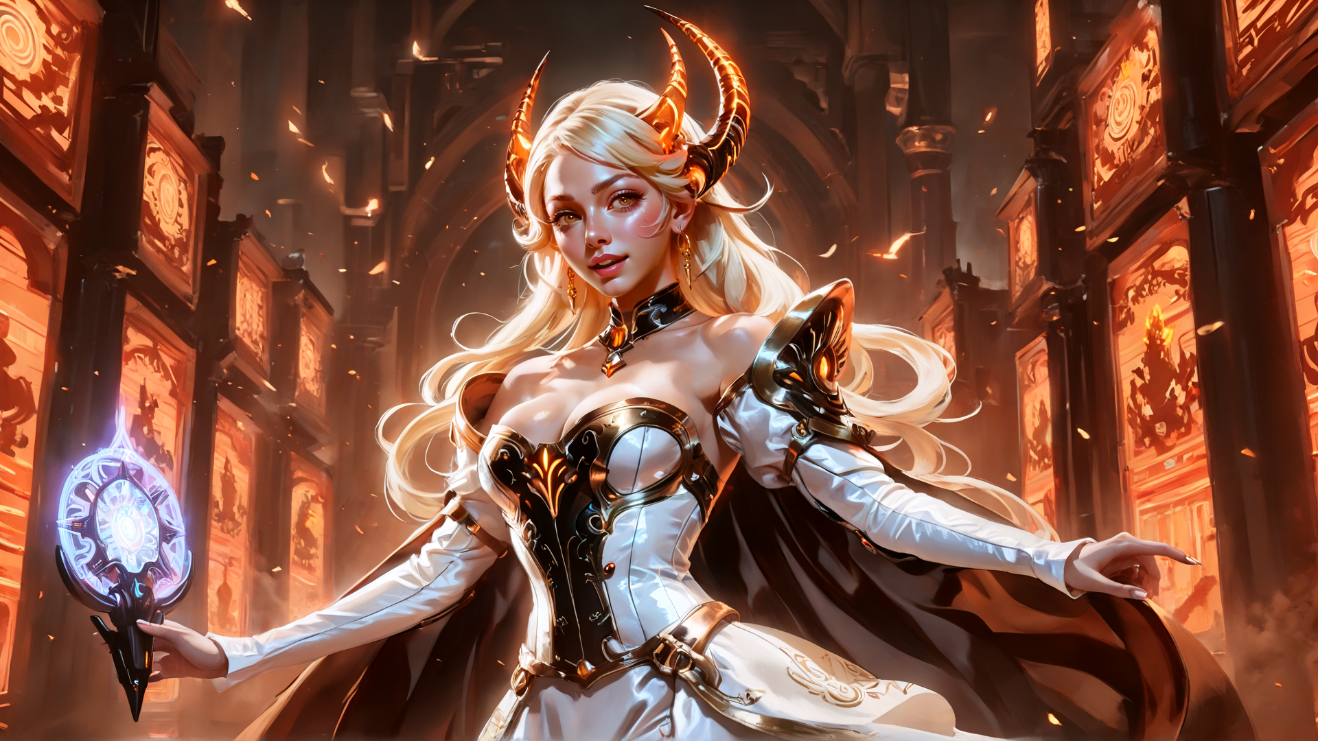 AI generated wallpaper featuring woman, horned, armor, magical, wand, cape