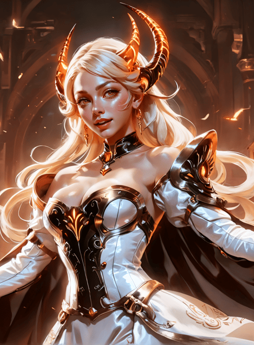 woman, horned, armor, magical, wand, cape