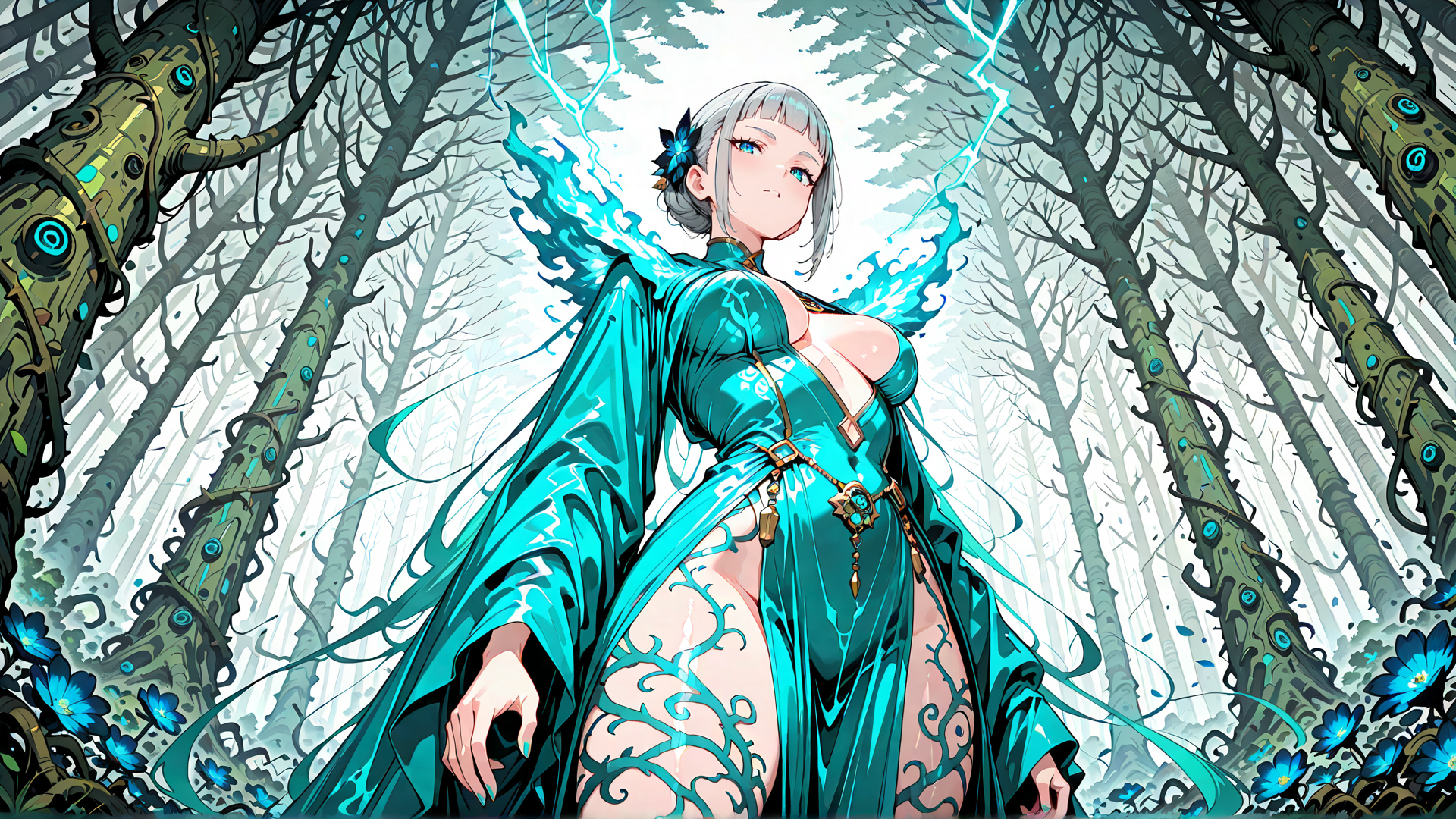 AI generated wallpaper featuring woman, trees, dragon, flowers