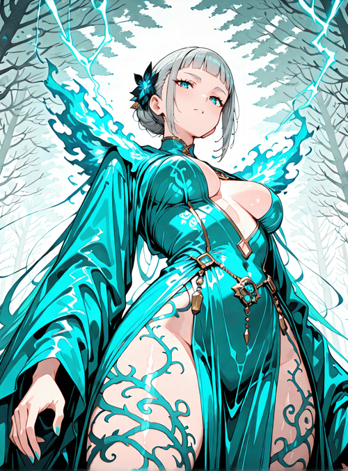 woman, trees, dragon, flowers