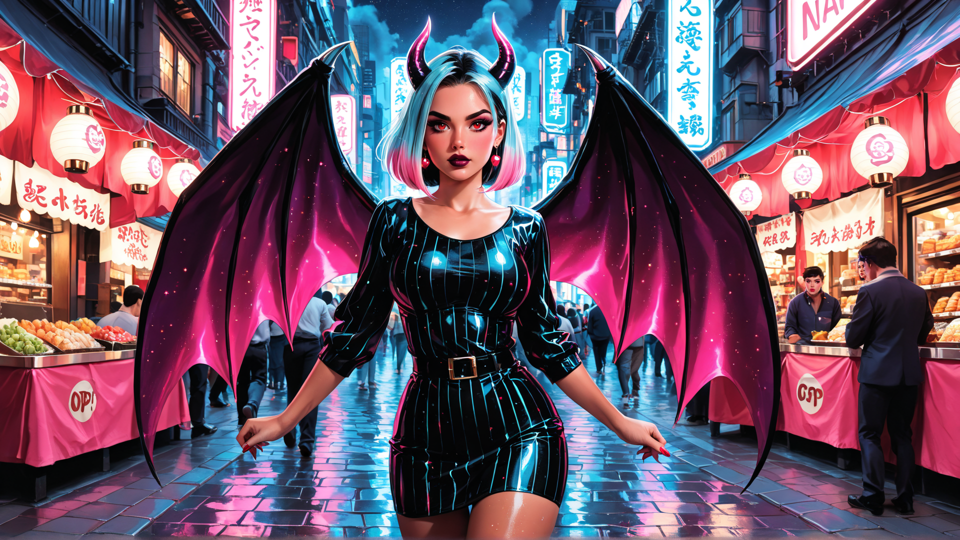 AI generated wallpaper featuring woman, devil, angel, street, market, neon, signs, lanterns, buildings, people