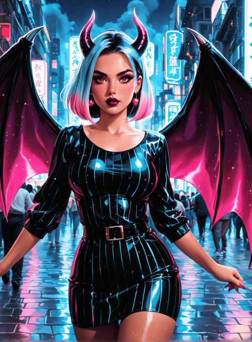 woman, devil, angel, street, market, neon, signs, lanterns, buildings, people