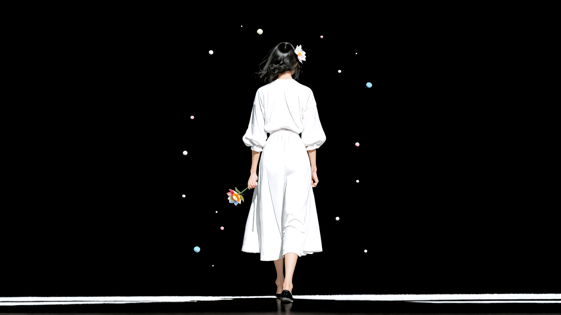 AI generated wallpaper featuring woman, dress, flower, stage