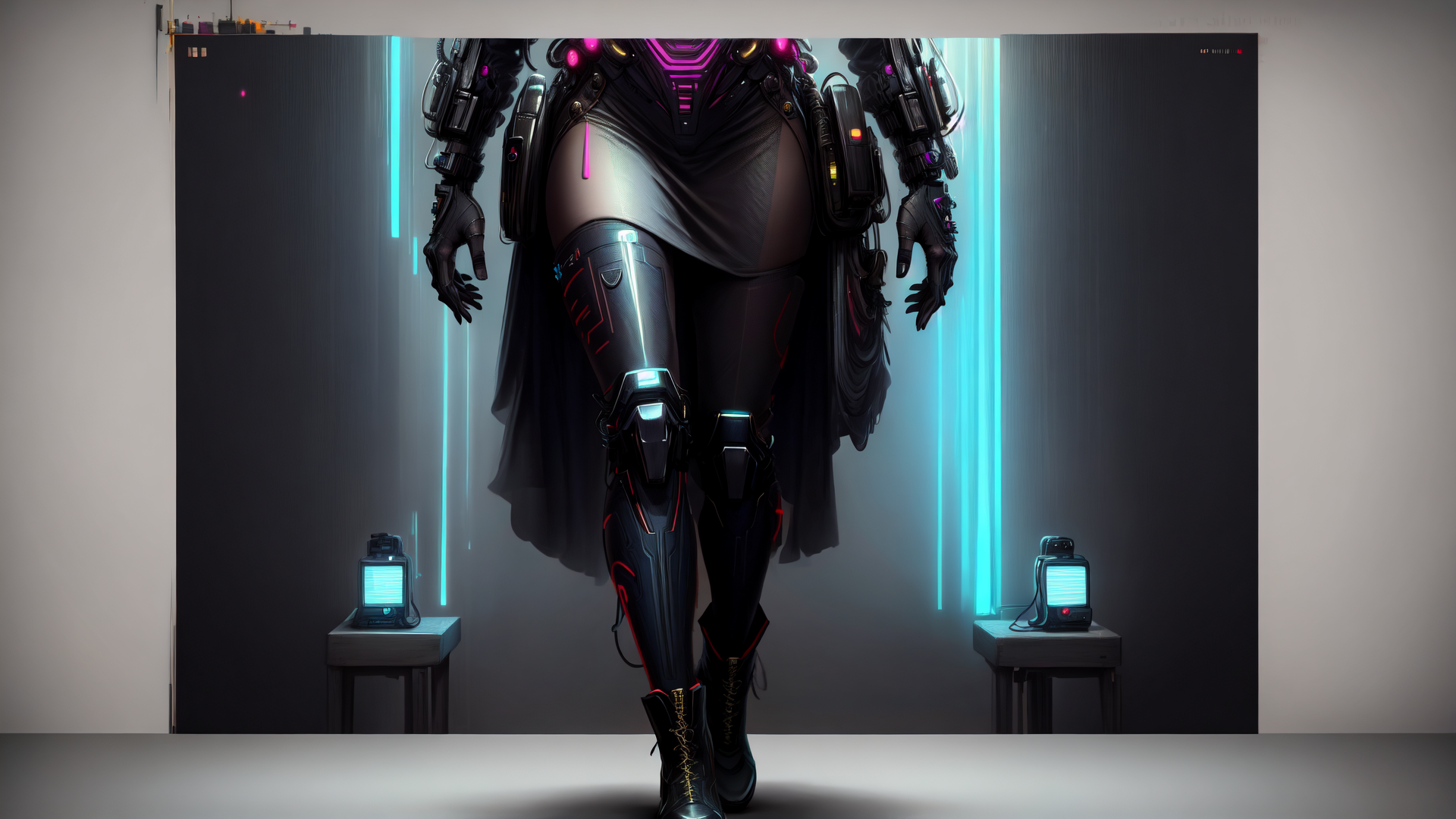 AI generated wallpaper featuring cyborg, armor, neon, gloves, leggings, machinery, cape, gears, light, devices
