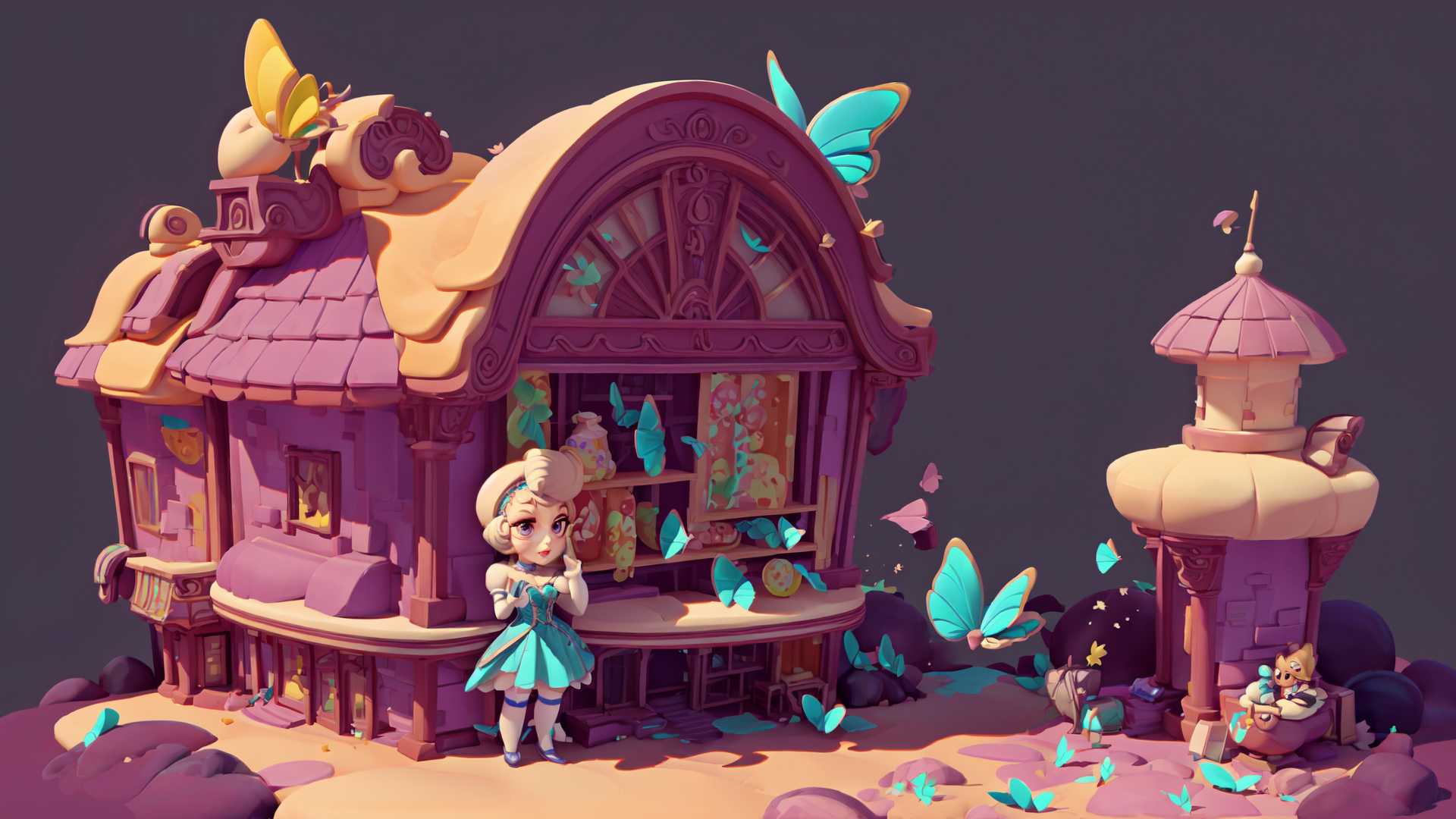AI generated wallpaper featuring fairy house, butterfly, girl, cottage, animal