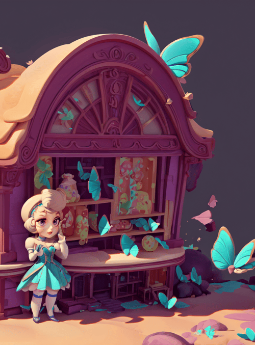 fairy house, butterfly, girl, cottage, animal