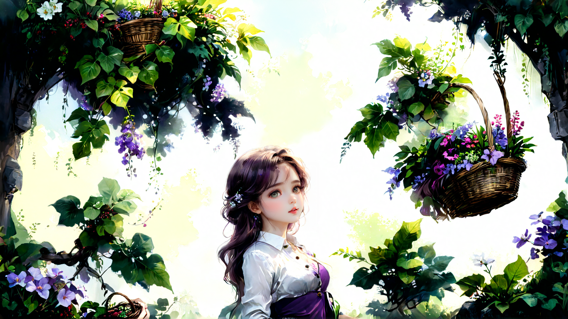 AI generated wallpaper featuring girl, flowers, baskets