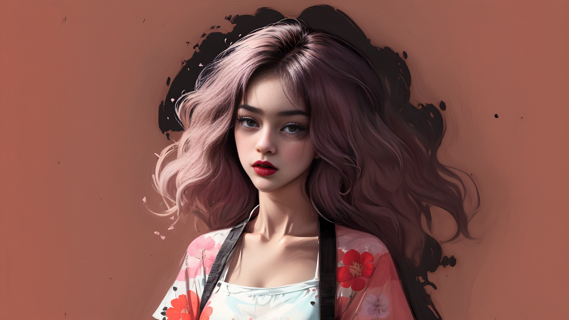 AI generated wallpaper featuring woman, flowers, hair
