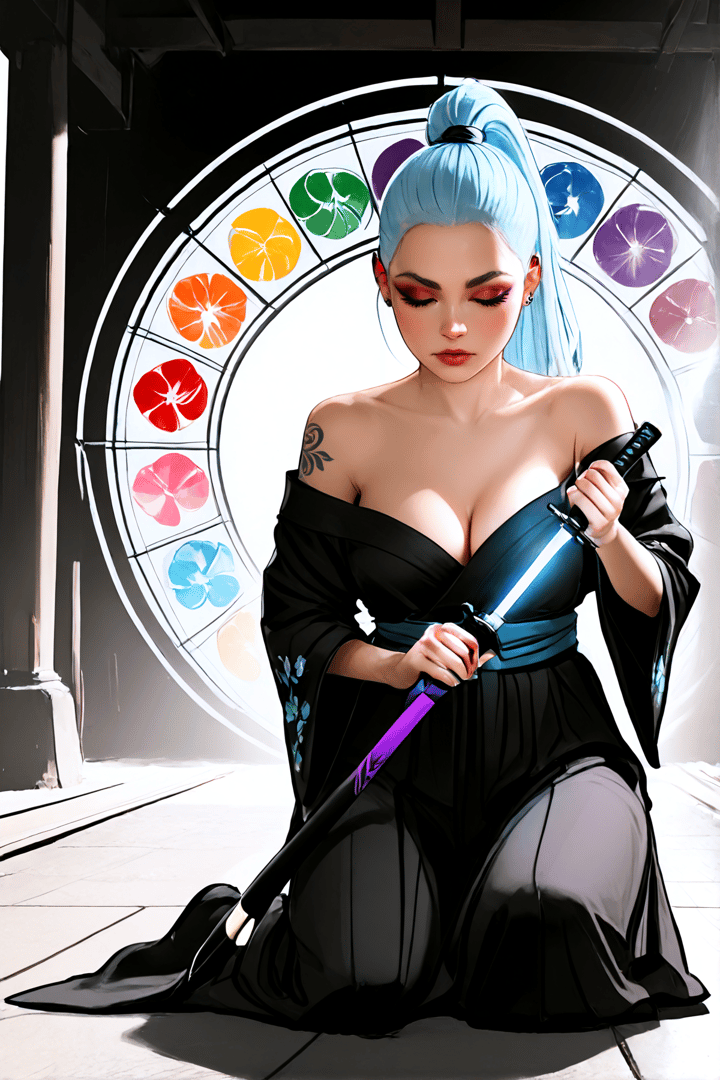 AI generated wallpaper featuring woman, samurai, sword, kimono, tattoo, hair, window, colorful, fashion, anime