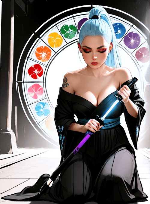 woman, samurai, sword, kimono, tattoo, hair, window, colorful, fashion, anime