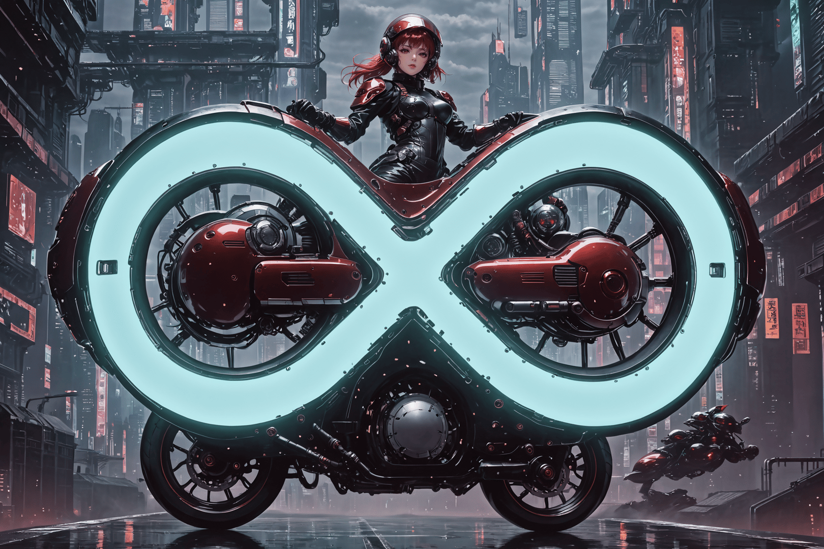 AI generated wallpaper featuring cyborg, motorcycle, city