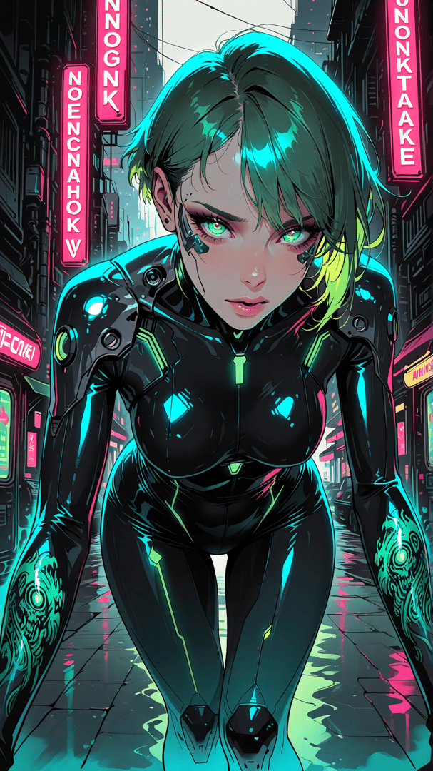 AI generated wallpaper featuring woman, cyberpunk, neon, street, tattoo, futuristic