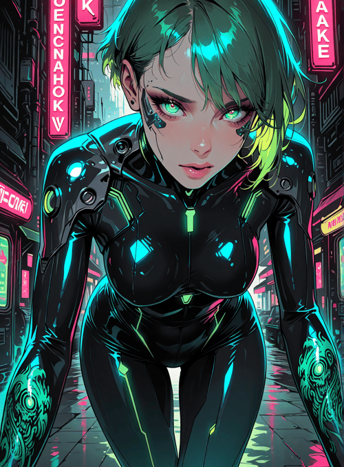 woman, cyberpunk, neon, street, tattoo, futuristic