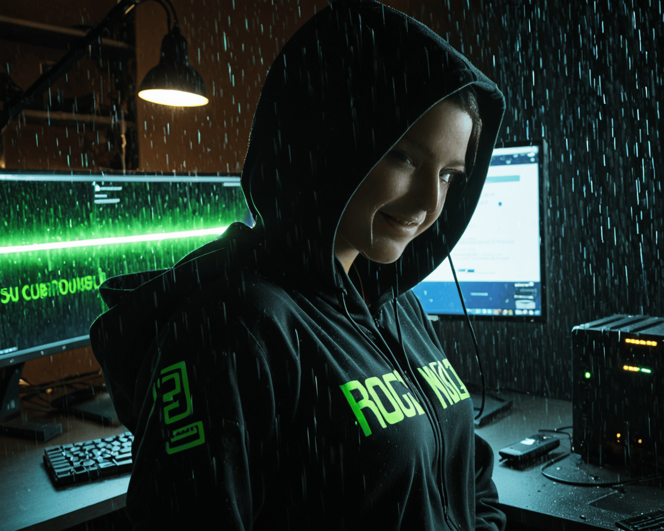 AI generated wallpaper featuring person, computer, hoodie