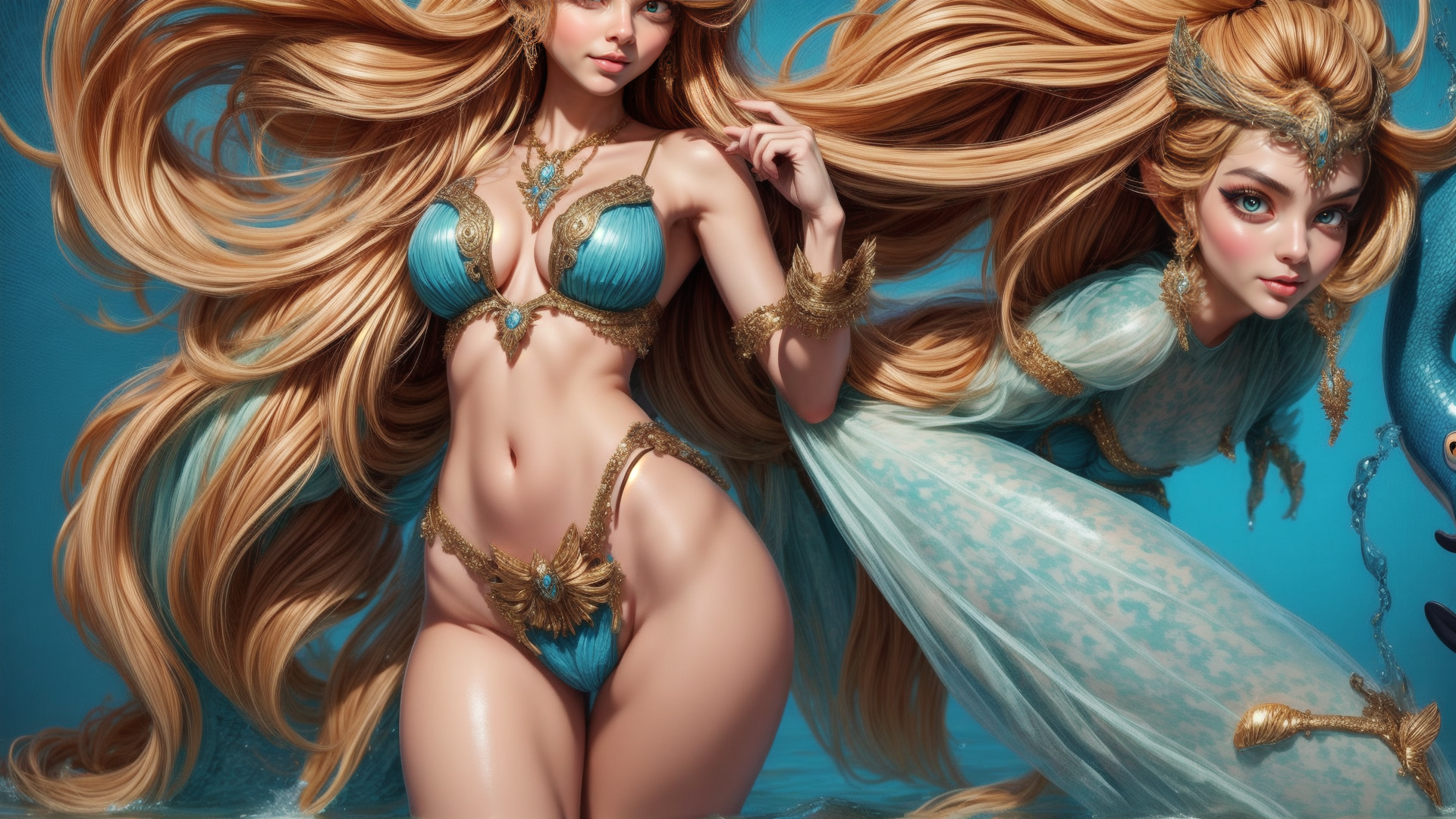 AI generated wallpaper featuring mermaids, females, hair