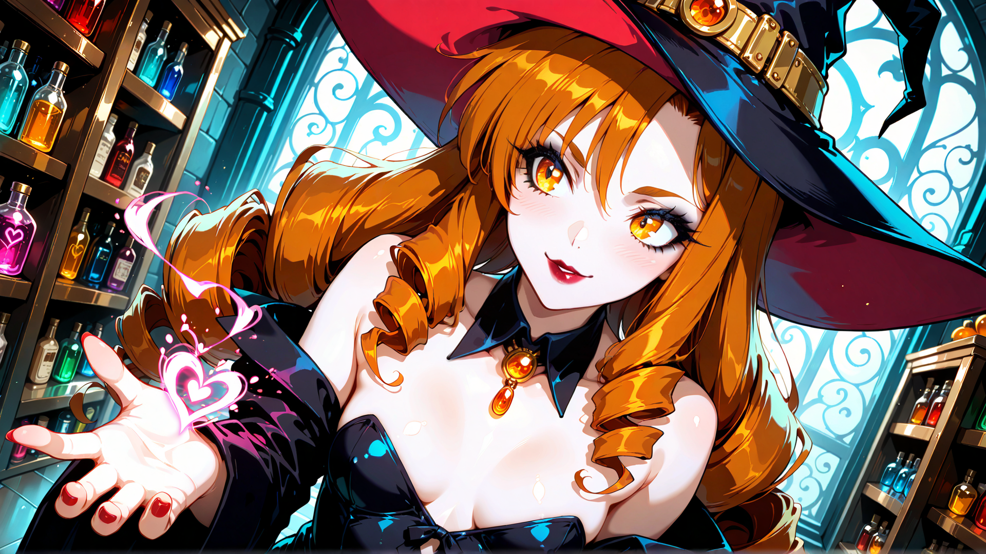 AI generated wallpaper featuring witch, woman, hats, bottles, heart, magic