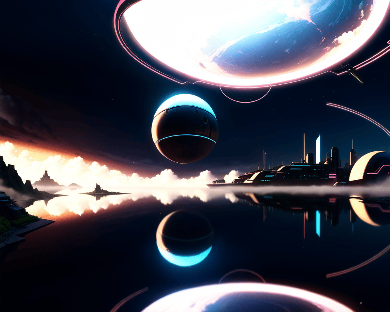 AI generated wallpaper featuring planet, city, sphere
