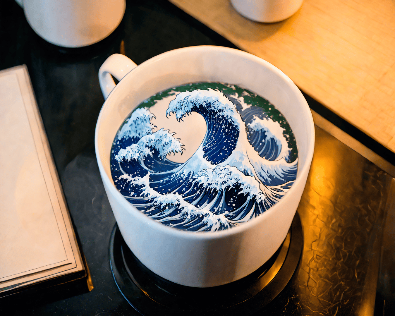 AI generated wallpaper featuring cup, wave, latte