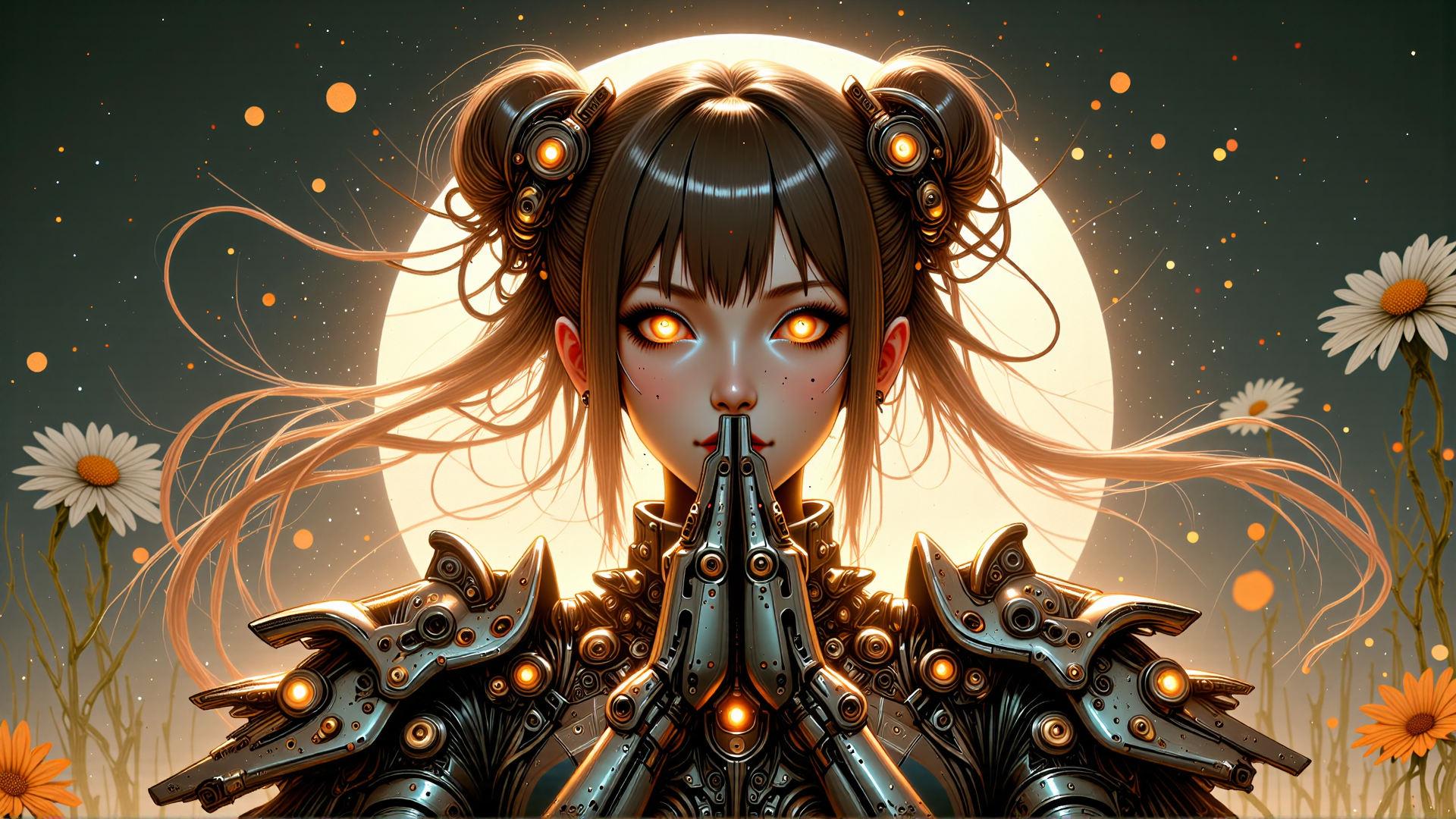 AI generated wallpaper featuring girl, mechanical, daisy, moon