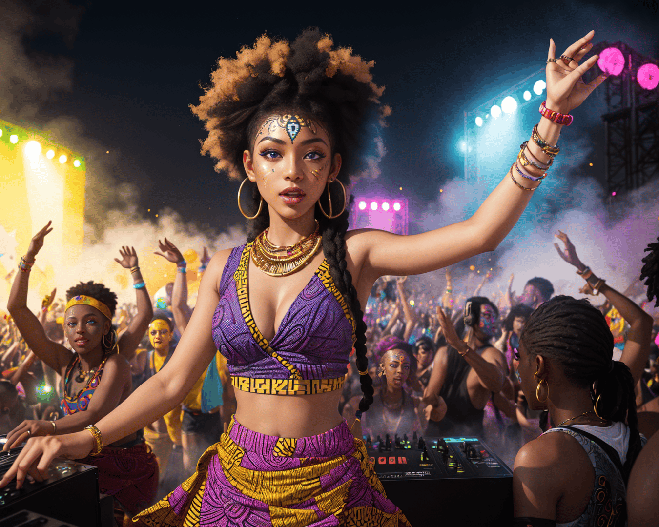 AI generated wallpaper featuring woman, crowd, dj