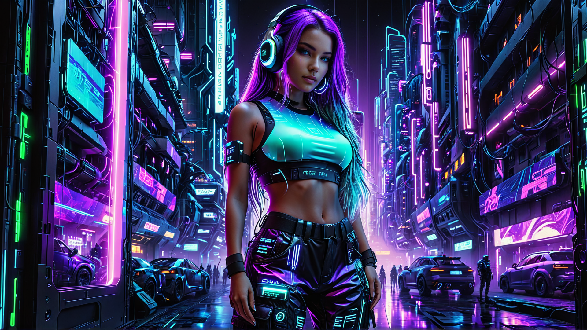 AI generated wallpaper featuring woman, cyberpunk, city