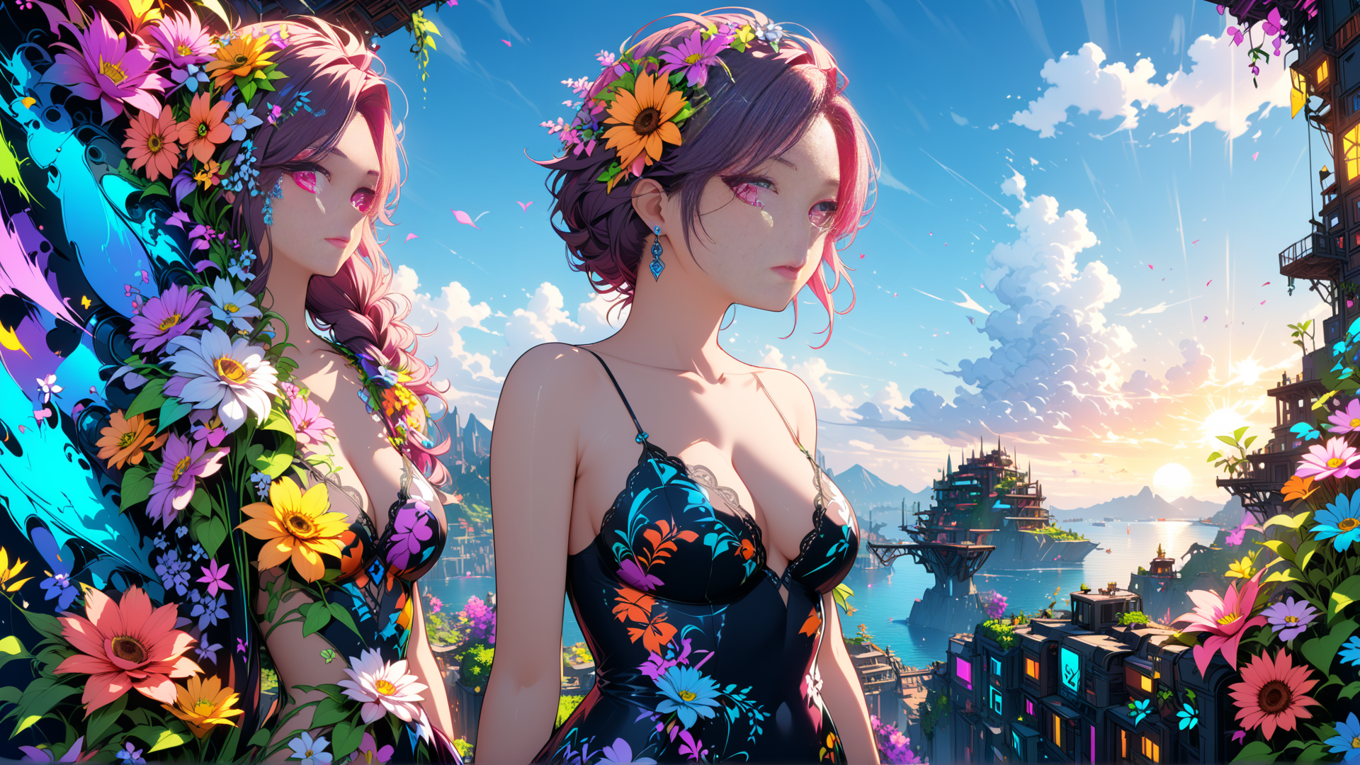 AI generated wallpaper featuring women, flowers, cityscape
