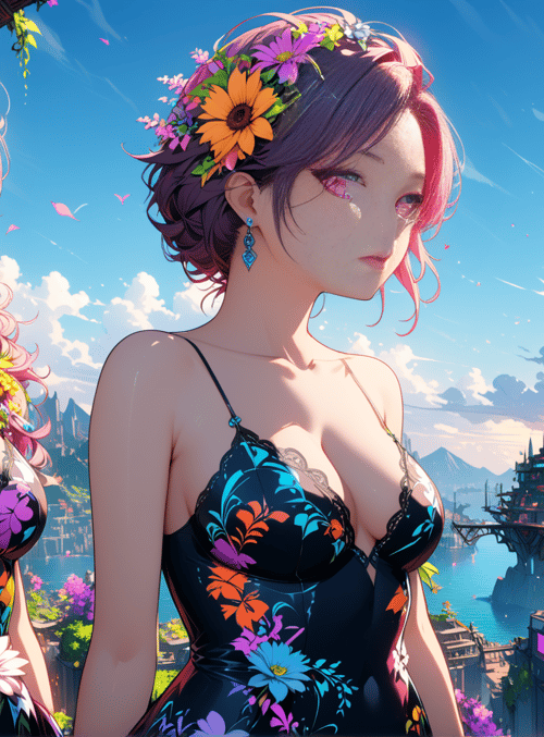 women, flowers, cityscape