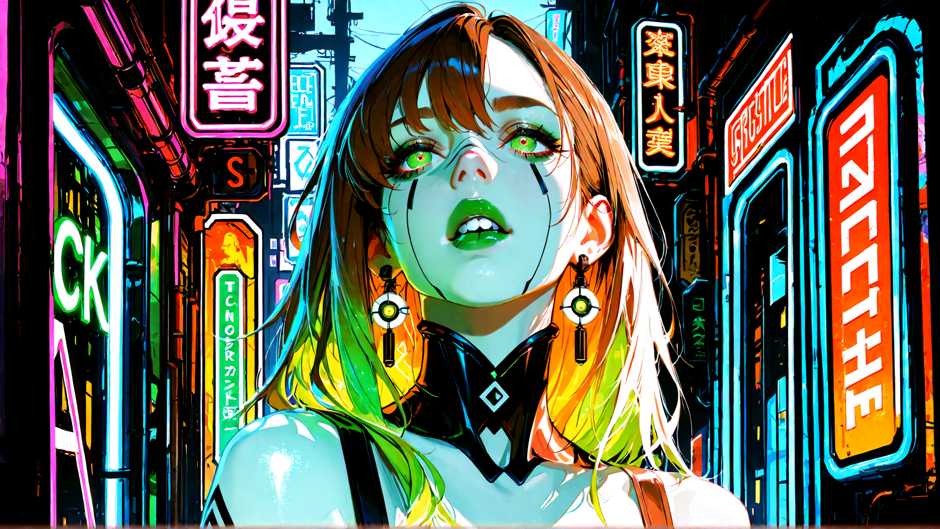AI generated wallpaper featuring woman, neon, cyberpunk, signs, street, girl, character, anime, digital, urban