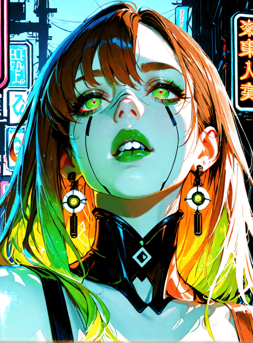woman, neon, cyberpunk, signs, street, girl, character, anime, digital, urban