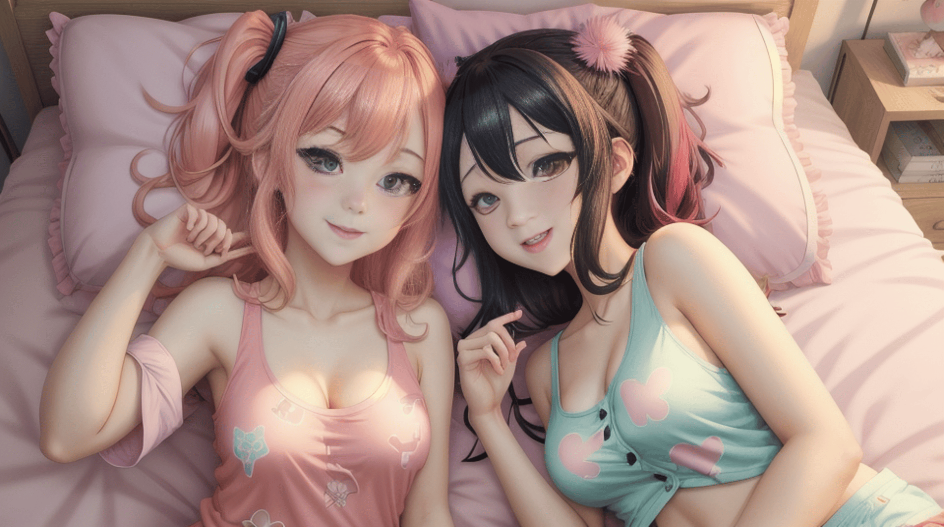 AI generated wallpaper featuring girls, anime, bed