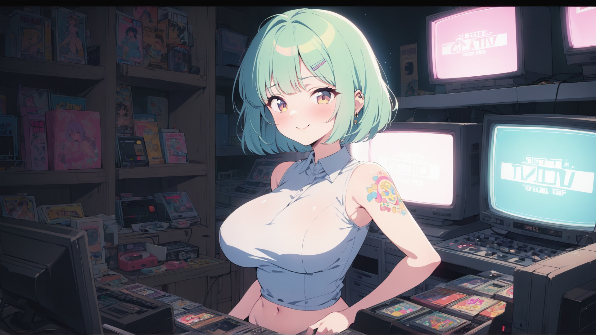 AI generated wallpaper featuring anime girl, retro arcade, game cartridges