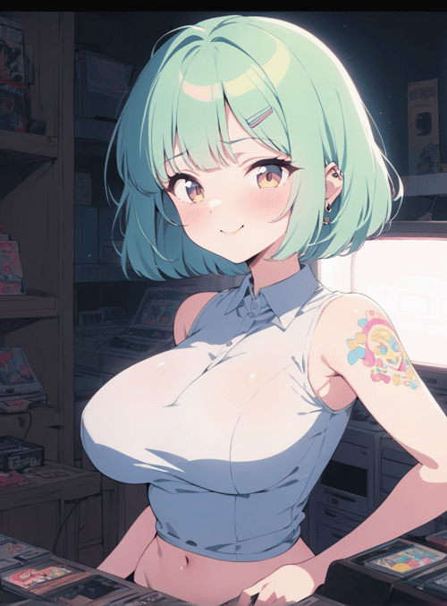 anime girl, retro arcade, game cartridges