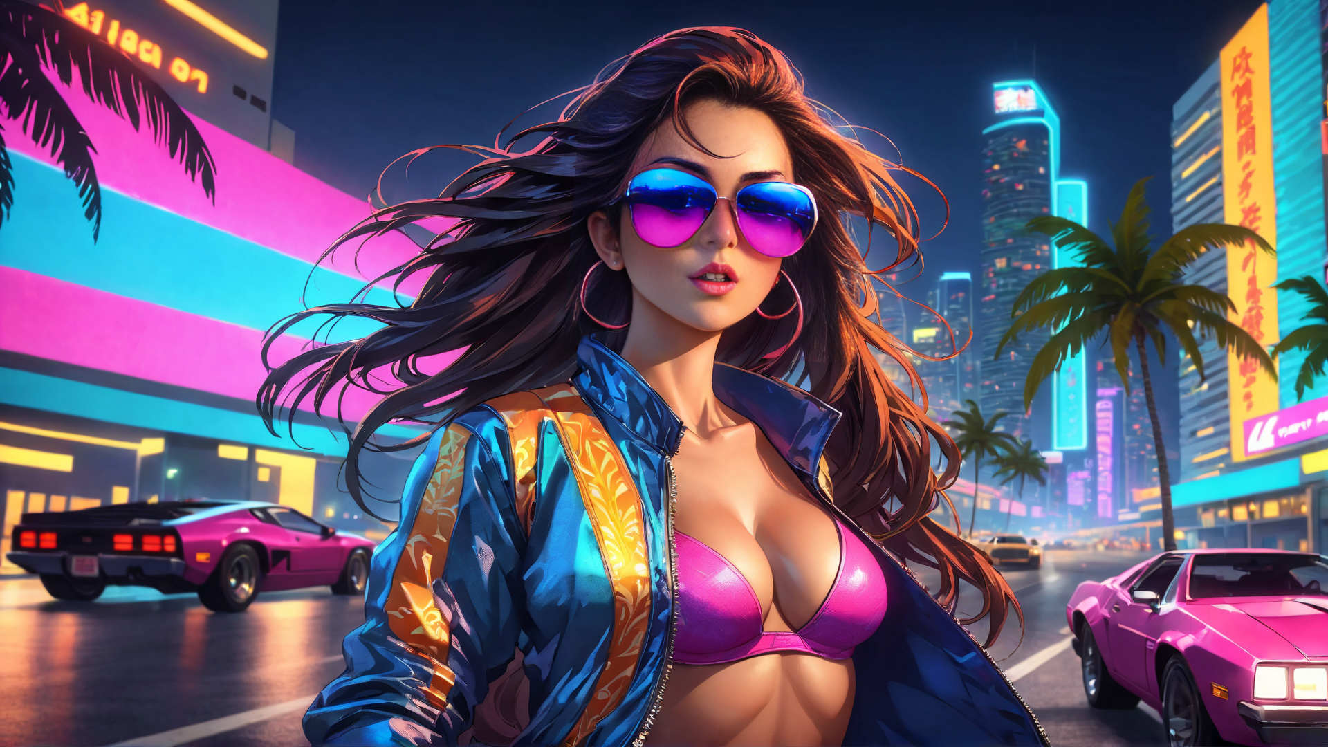 AI generated wallpaper featuring woman, city, cars