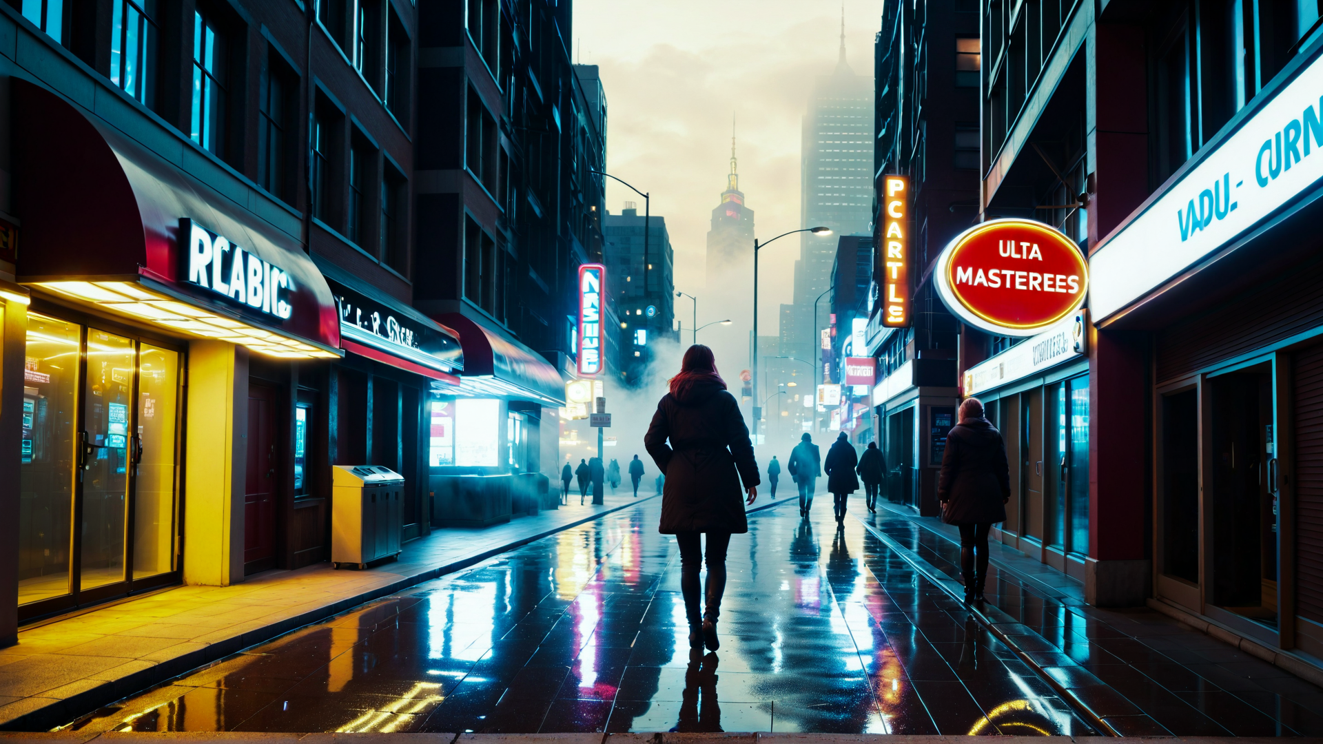 AI generated wallpaper featuring person, city, street, neon, buildings