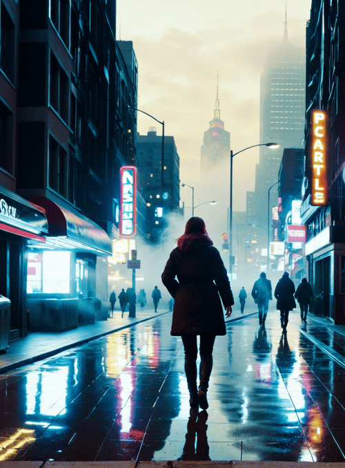 person, city, street, neon, buildings